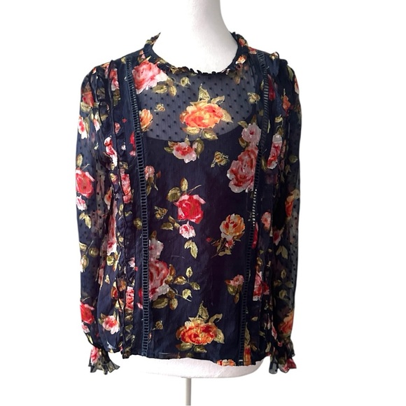 Kensie Red and Orange Ruffled Blouse with Peter Pan Collar Medium - Picture 1 of 6